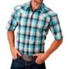 Roper Men's Blue And Tan Plaid Short Sleeve Shirt With Snaps