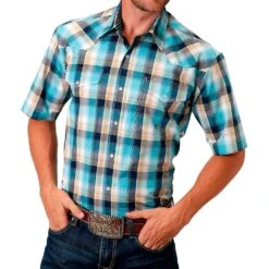 Roper Men's Blue And Tan Plaid Short Sleeve Shirt With Snaps