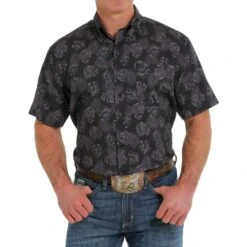 Cinch Mens Arena Flex Tropical Black Button Down Shirt