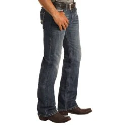 Rock N Roll Cowboy Men's And Pistol Straight Dark Wash Jeans -Cheap Western Buck Store M1P8282 2