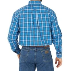 Wrangler Men's George Strait Cobalt Plaid Two Pocket Buttondown -Cheap Western Buck Store MGSB926 3